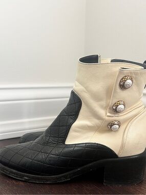 CHANEL Black & Cream Quilted Leather Ankle Boots with Pearl Buttons